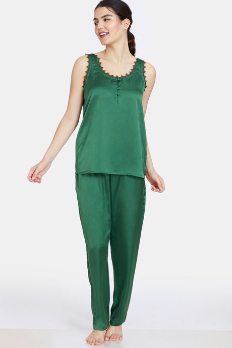 Zivame Artsy Leaves Woven Pyjama set Greener Pasture